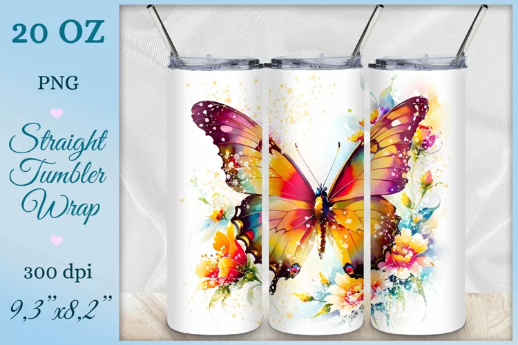 Watercolor Butterfly Tumbler Wrap, Sublimation Design, Png