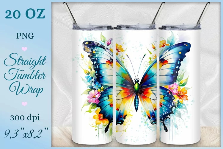 Watercolor Butterfly Tumbler Wrap, Sublimation Design, Png