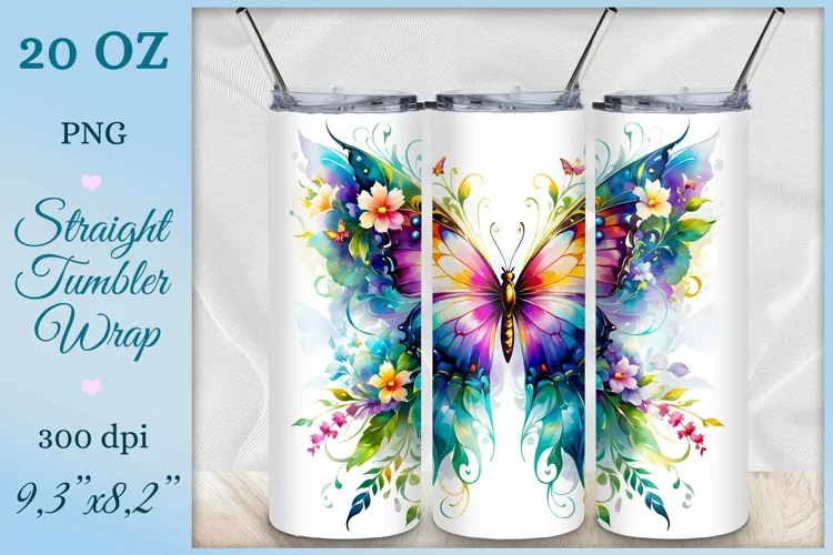 Watercolor Butterfly Tumbler Wrap, Sublimation Design, Png
