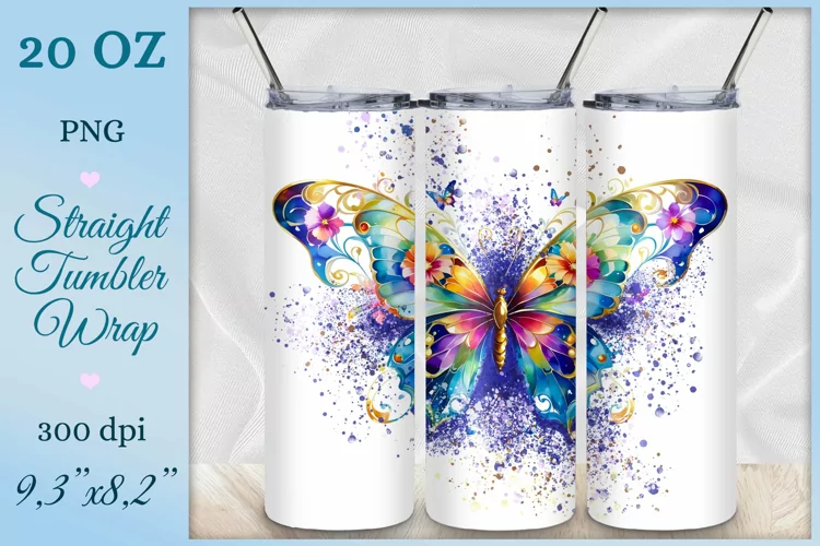 Watercolor Butterfly Tumbler Wrap, Sublimation Design, Png