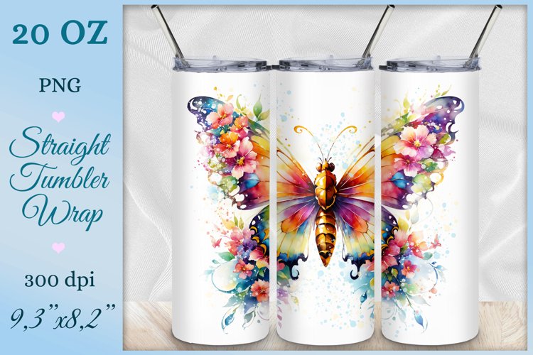 Watercolor Butterfly Tumbler Wrap, Sublimation Design, Png