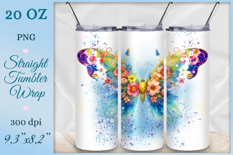 Watercolor Butterfly Tumbler Wrap, Sublimation Design, Png