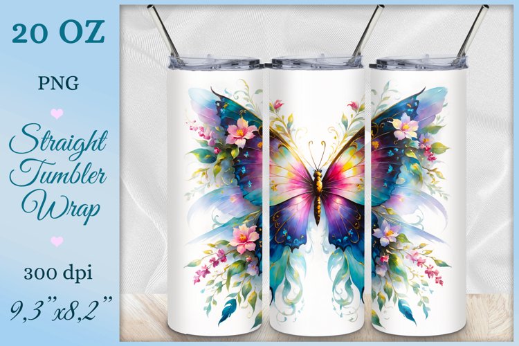 Watercolor Butterfly Tumbler Wrap, Sublimation Design, Png