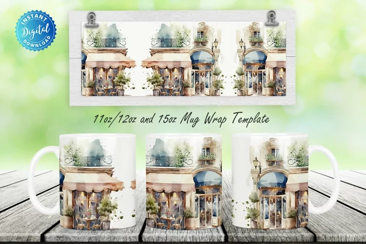 Beautiful Watercolor Parisian Cafe 11, 12 & 15 Oz Mug