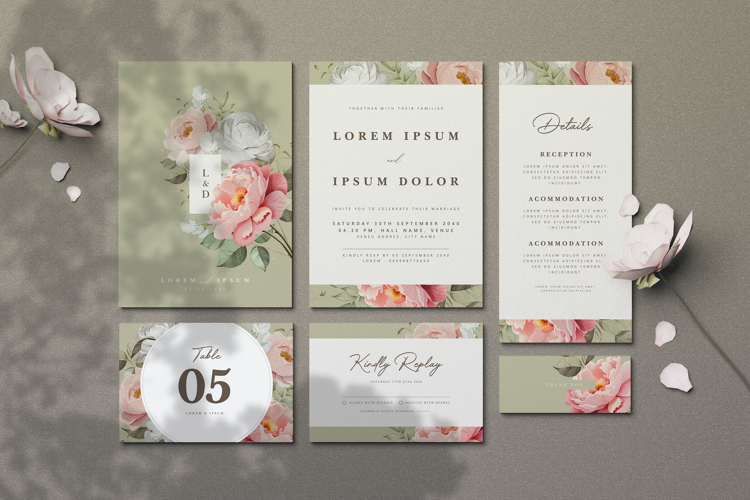 beautiful wedding card invitation set with peonies flower