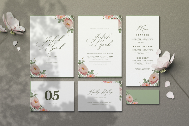 beautiful wedding card invitation set with peonies flower