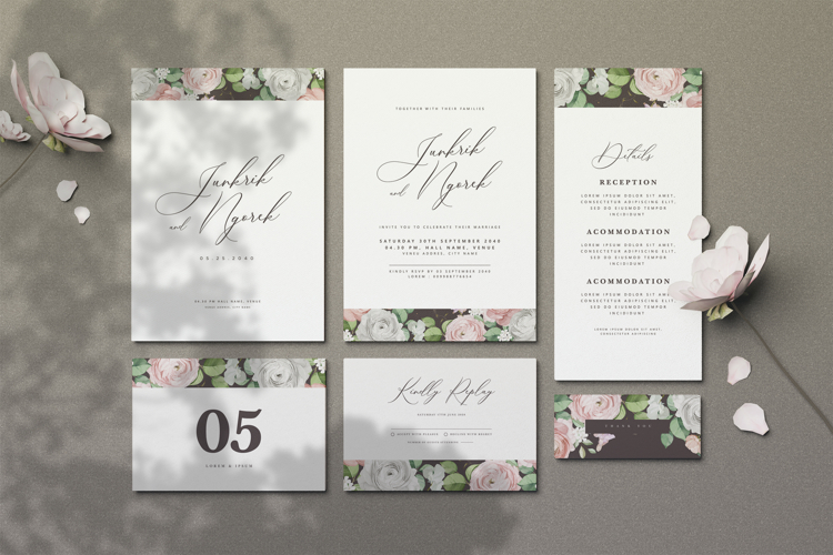 beautiful wedding card invitation set with roses flower