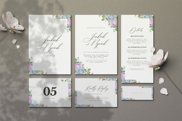 beautiful wedding card invitation set with roses flower