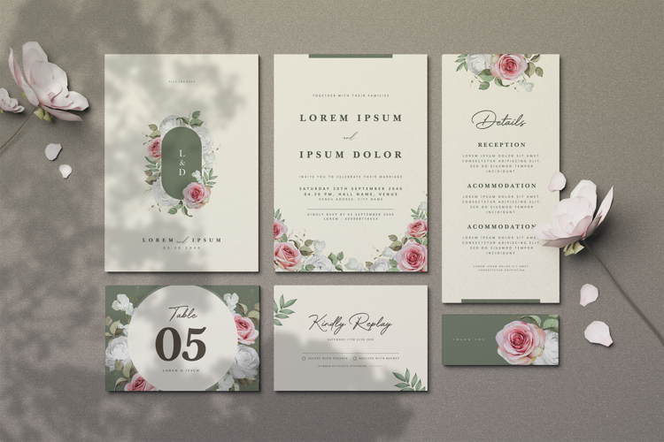beautiful wedding card invitation set with roses flower