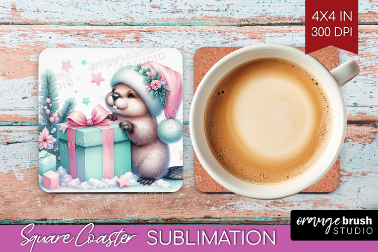 Beaver Pastel Christmas Square Coaster Coquette Xmas Coaster