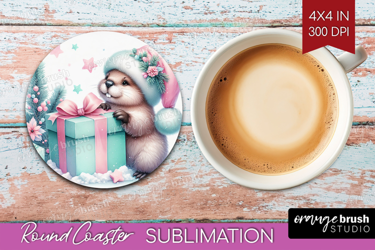 Beaver Pastel Christmas Round Coaster Coquette Xmas Coaster