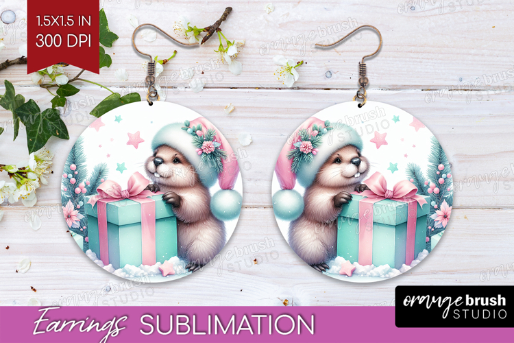 Beaver Pastel Christmas Round Earrings Coquette Xmas PNG