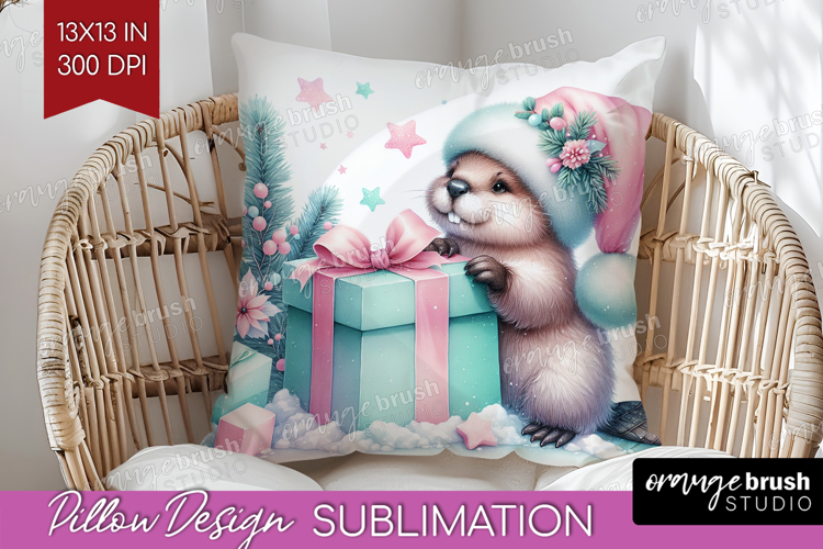 Beaver Pastel Christmas Pillow Sublimation Coquette Xmas