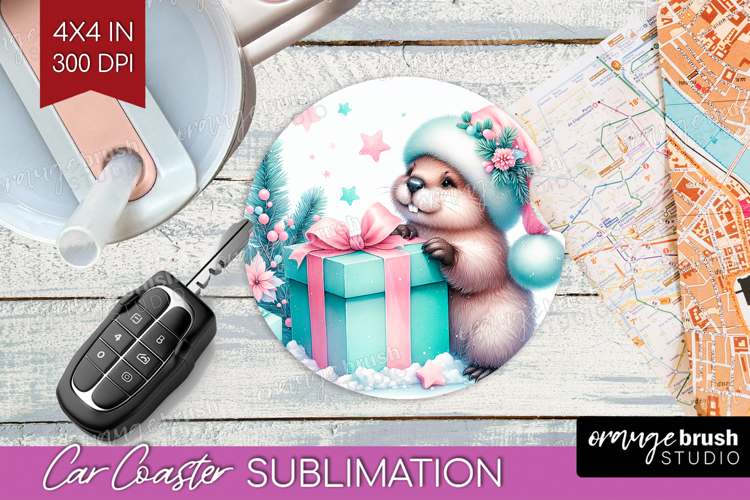 Beaver Pastel Christmas Car Coaster Coquette Xmas Coaster