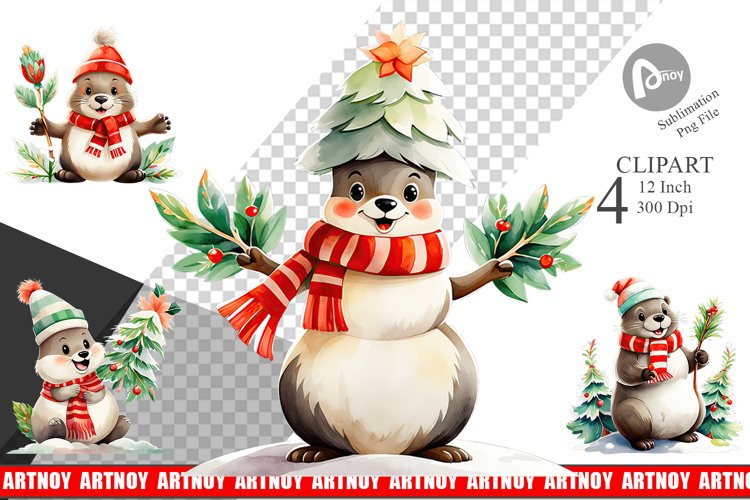 Watercolor Beaver Christmas Clipart