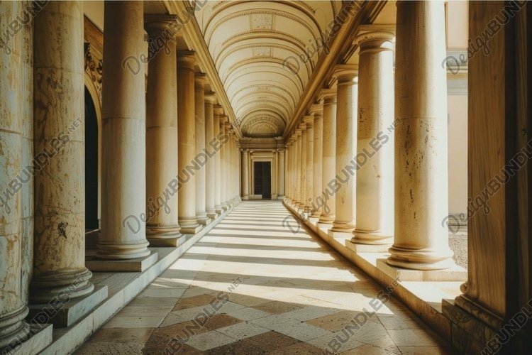 Sunlight illuminating a hallway with stone columns example image 1