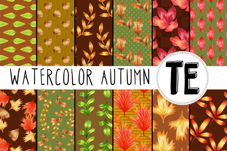 Watercolor Fall Digital Paper Pack. 12 Seamless Patterns example image 1