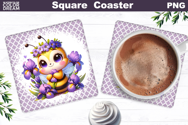 Purple Iris Bee Square Coaster | Bumblebee Violet Floral