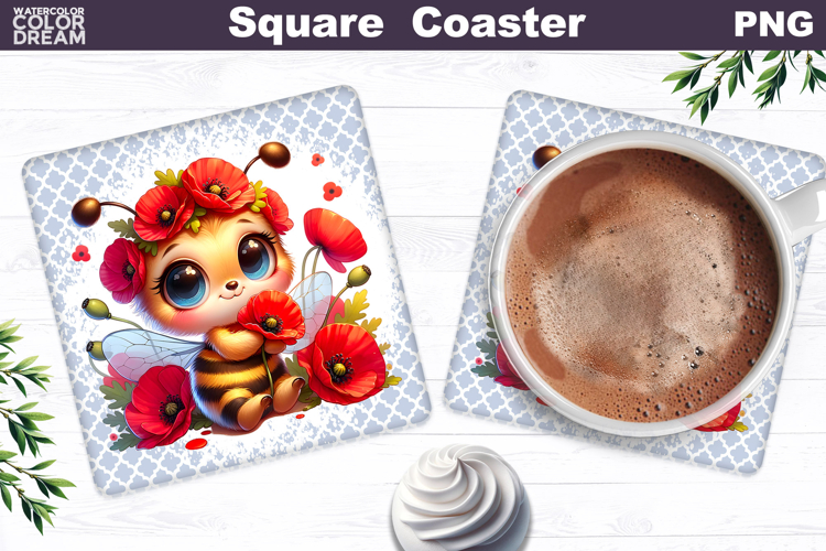 Red Poppy Bee Square Coaster | Bumblebee Bright Floral