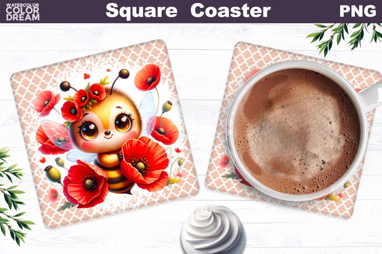 Red Poppy Bee Square Coaster | Bumblebee Bright Floral