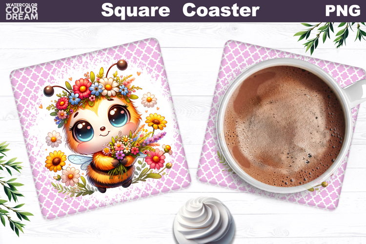 Yellow Pink Daisy Bee Square Coaster | Bumblebee Wildflowers