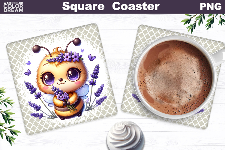 Purple Lavender Bee Square Coaster | Bumblebee Violet Floral