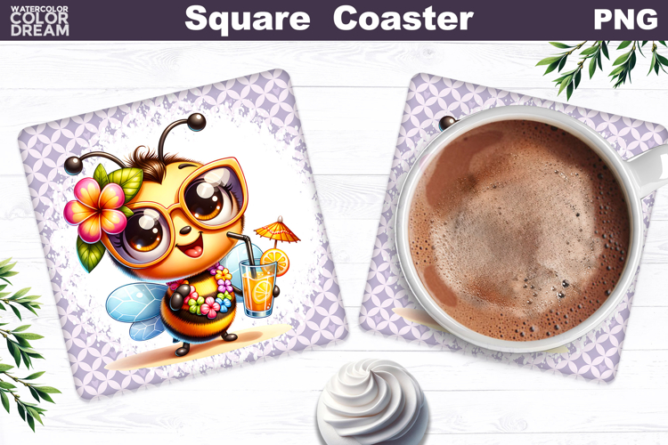 Hawaiian Plumeria Bee Cocktail Coaster | Summer Tropical PNG