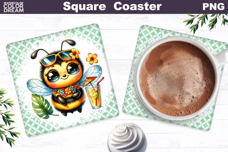 Hawaiian Plumeria Bee Cocktail Coaster | Summer Tropical PNG