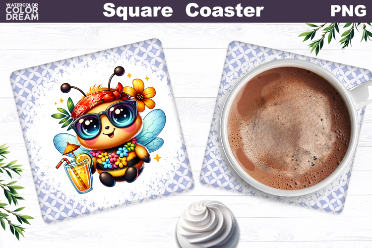 Hawaiian Plumeria Bee Cocktail Coaster | Summer Tropical PNG