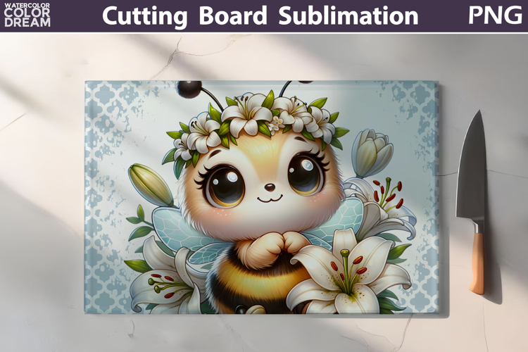 White Lily Bee Sublimation | Glass Cutting Board Design
