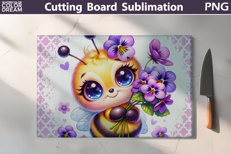 Purple Pansy Bee Sublimation | Glass Cutting Board Design