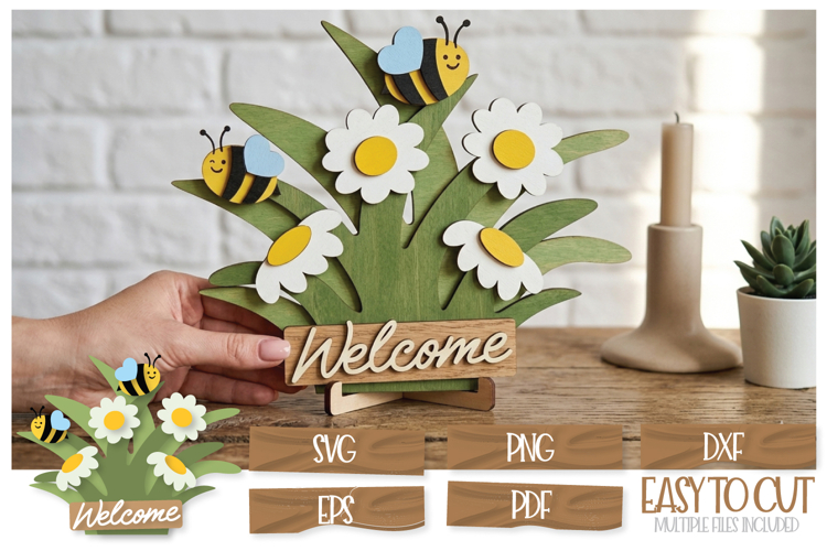 Laser Cut Welcome Grass Sign with Bees and Daisies SVG example image 1