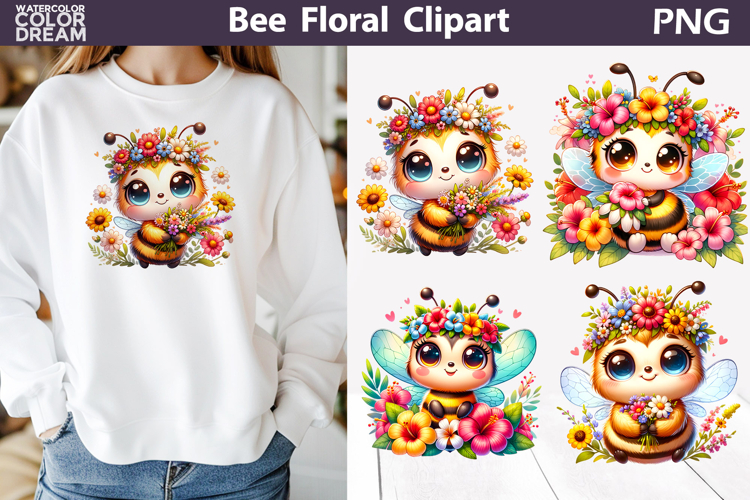 Cute Bee Wildflowers Clipart | Summer Bumblebee Sublimation