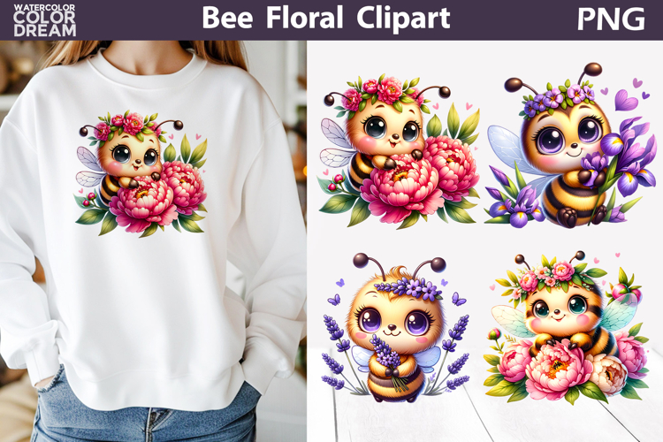 Cute Bee Peony Clipart | Summer Bumblebee Sublimation