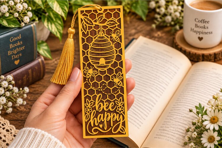 Bee Happy Bookmark Laser SVG Cut File example image 1
