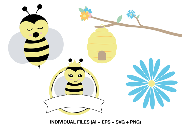 Cute Bee Clipart Honey Bee, Beehive, Flower and Queen Bee