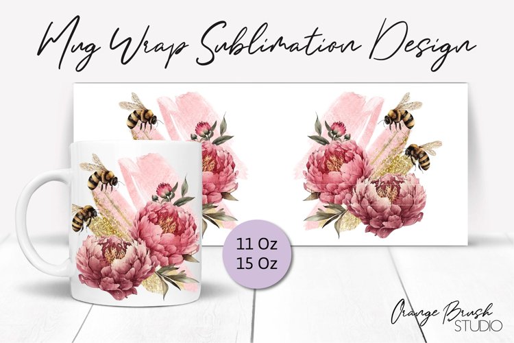 Bee Mug Sublimation Design Bee and Flowers Mug Wrap