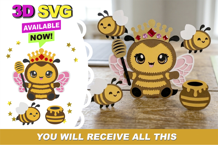 Bee Queen and Honey 3D SVG