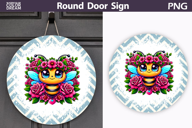 Floral Bee Door Sign | Blue Chevron Porch Decor