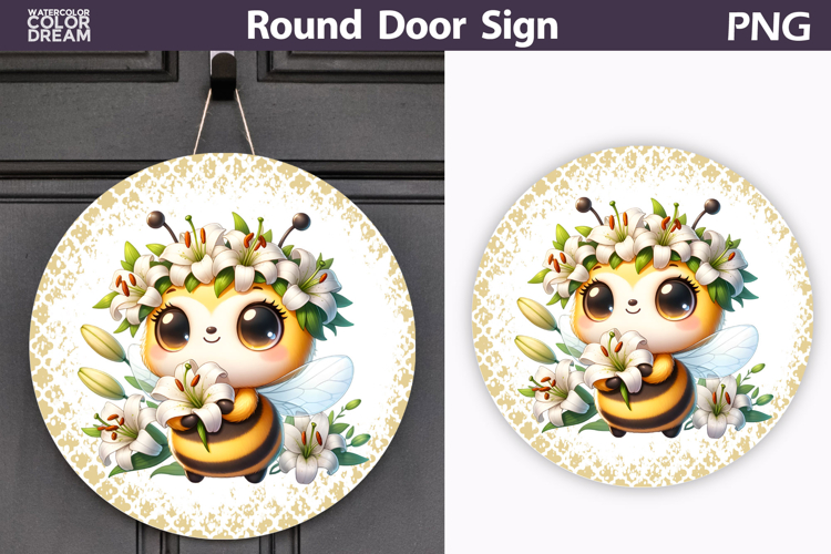 Cute Bee Round Door Sign | Spring Floral Bumblebee