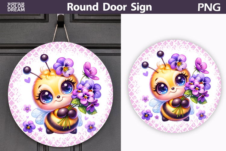 Cute Bee Round Door Sign | Spring Floral Bumblebee