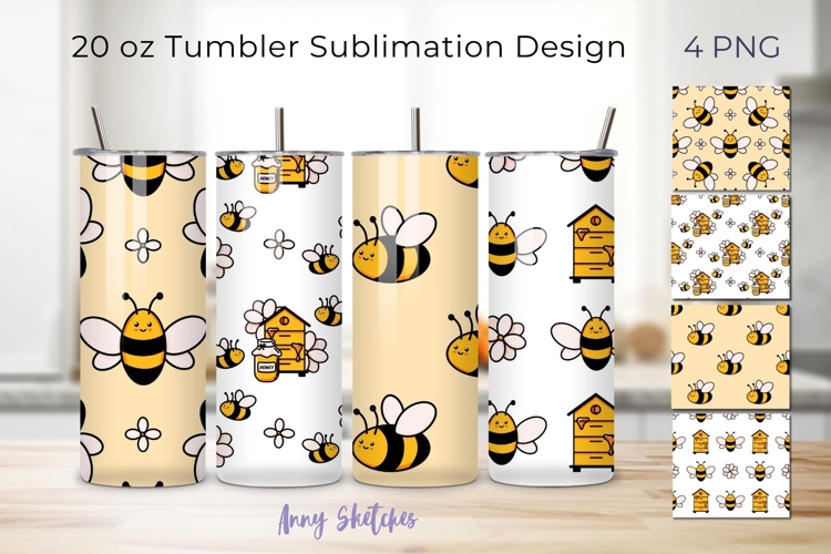 4 Honey Bee Tumbler Wrap 20 oz Seamless Pattern Hand Drawn example image 1