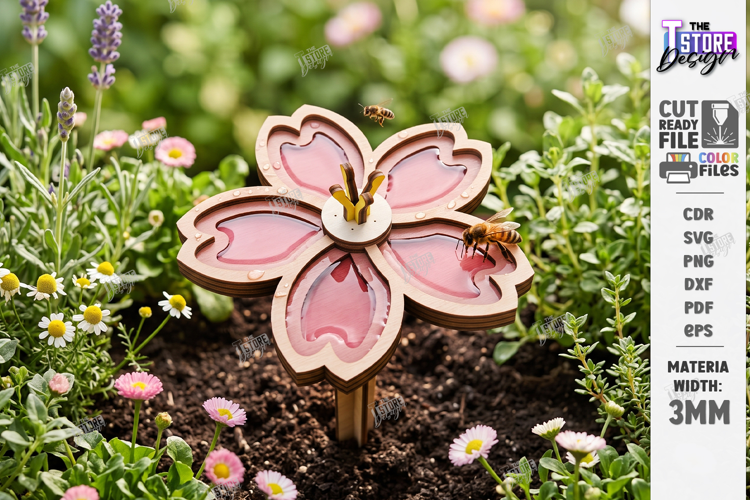 Bee Watering Cup Stakes Laser Cut | Flower and Honeycomb SVG