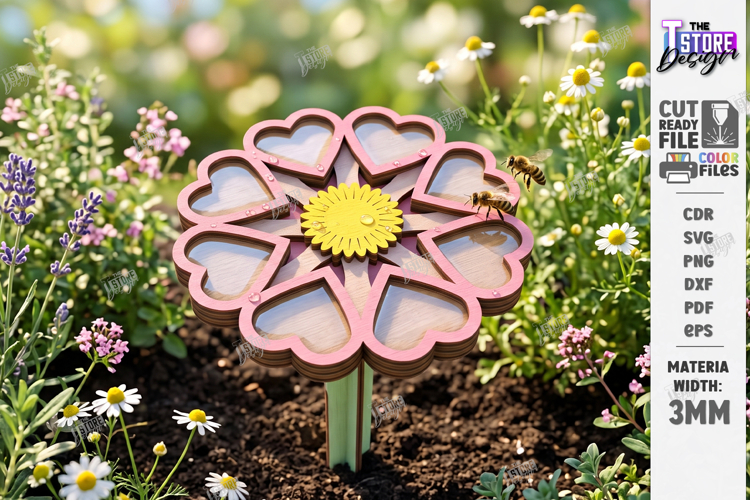 Bee Watering Cup Stakes Laser Cut | Flower and Honeycomb SVG
