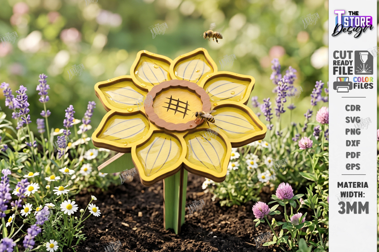 Bee Watering Cup Stakes Laser Cut | Flower and Honeycomb SVG