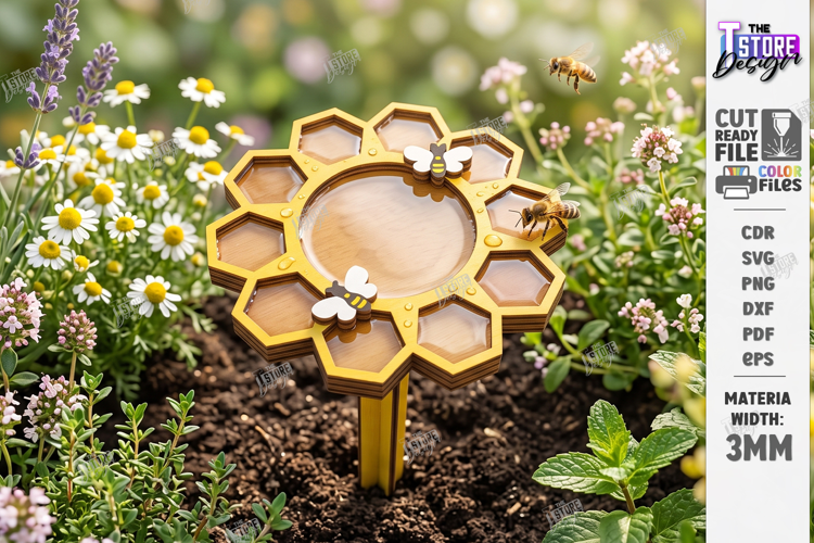 Bee Watering Cup Stakes Laser Cut | Flower and Honeycomb SVG