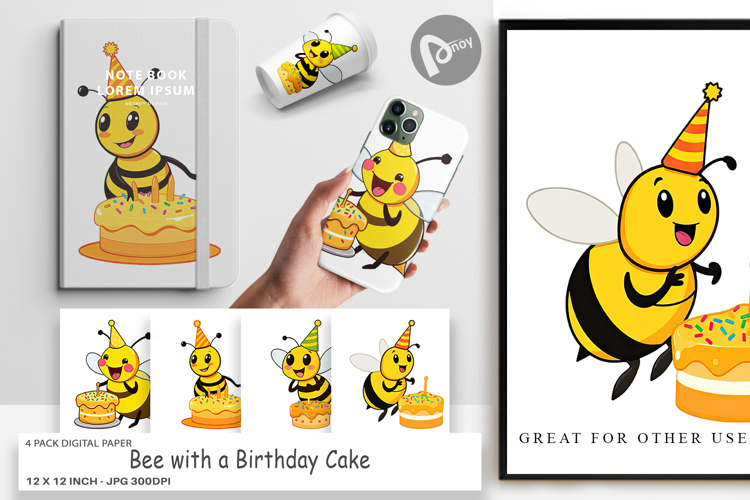 Digital Paper Bee with Birthday Cake