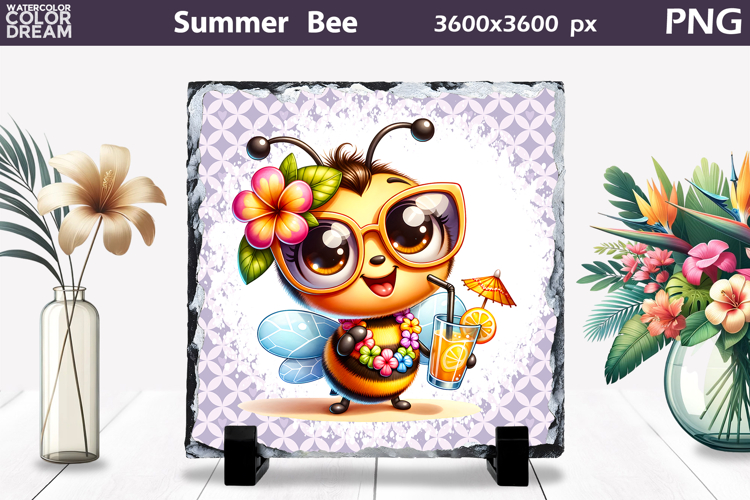 Summer Bee with Plumeria Slate | Tropical Animal Sublimation