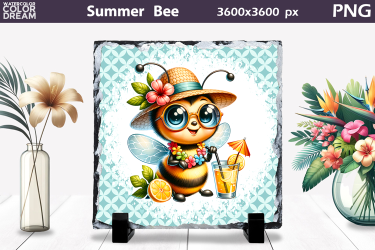Summer Bee with Plumeria Slate | Tropical Animal Sublimation