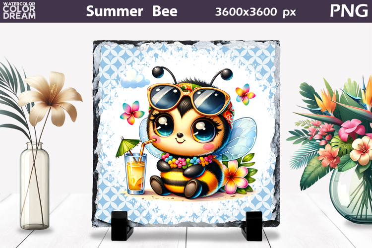 Summer Bee with Plumeria Slate | Tropical Animal Sublimation